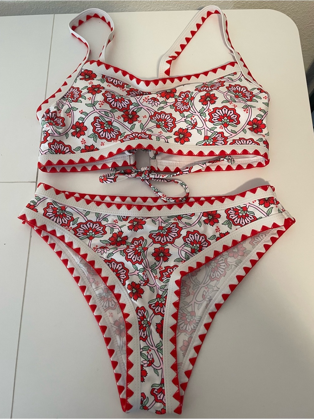 Boho Floral Red Trim Two-Piece Women's Swim Bikini Set - Picture 2 of 9